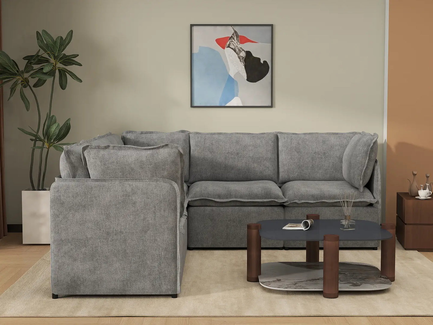 Deluxe Cloud 5-Seater Grey Large Space V-Shaped Sectional | 5-Piece, Linen Look Poly Fabric, Easy To Clean