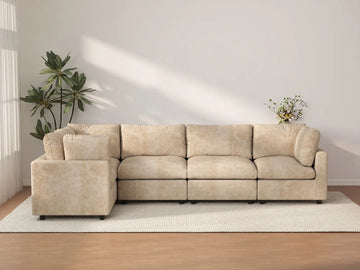 Deluxe Cloud 5-Seater Khaki Large Space L-Shaped Sectional | 5-Piece, Linen-Blend Chenille Fabric, Easy To Clean