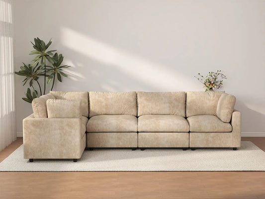 Deluxe Cloud 5-Seater Khaki Large Space L-Shaped Sectional | 5-Piece, Linen-Blend Chenille Fabric, Easy To Clean