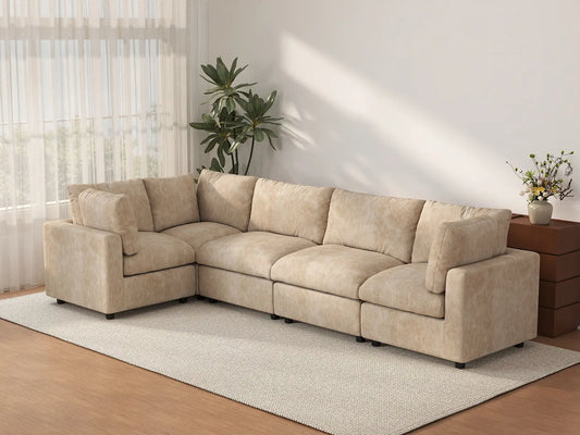 Deluxe Cloud 5-Seater Khaki Large Space L-Shaped Sectional | 5-Piece, Linen-Blend Chenille Fabric, Easy To Clean