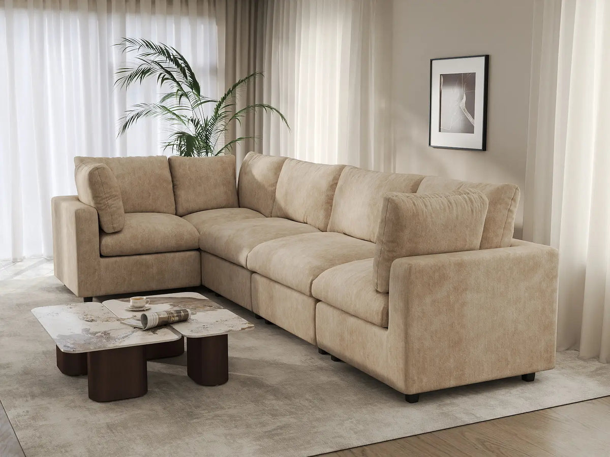 Deluxe Cloud 5-Seater Khaki Large Space L-Shaped Sectional | 5-Piece, Linen-Blend Chenille Fabric, Easy To Clean