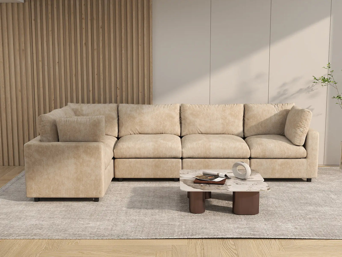 Deluxe Cloud 5-Seater Khaki Large Space L-Shaped Sectional | 5-Piece, Linen-Blend Chenille Fabric, Easy To Clean