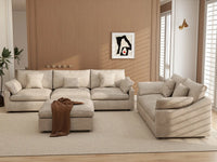 Deluxe Cloud 5-Seater Khaki Large Space Pit Sectional | 6-Piece (Includes 1 Ottoman), Chenille And Linen Fabric, Easy To Clean