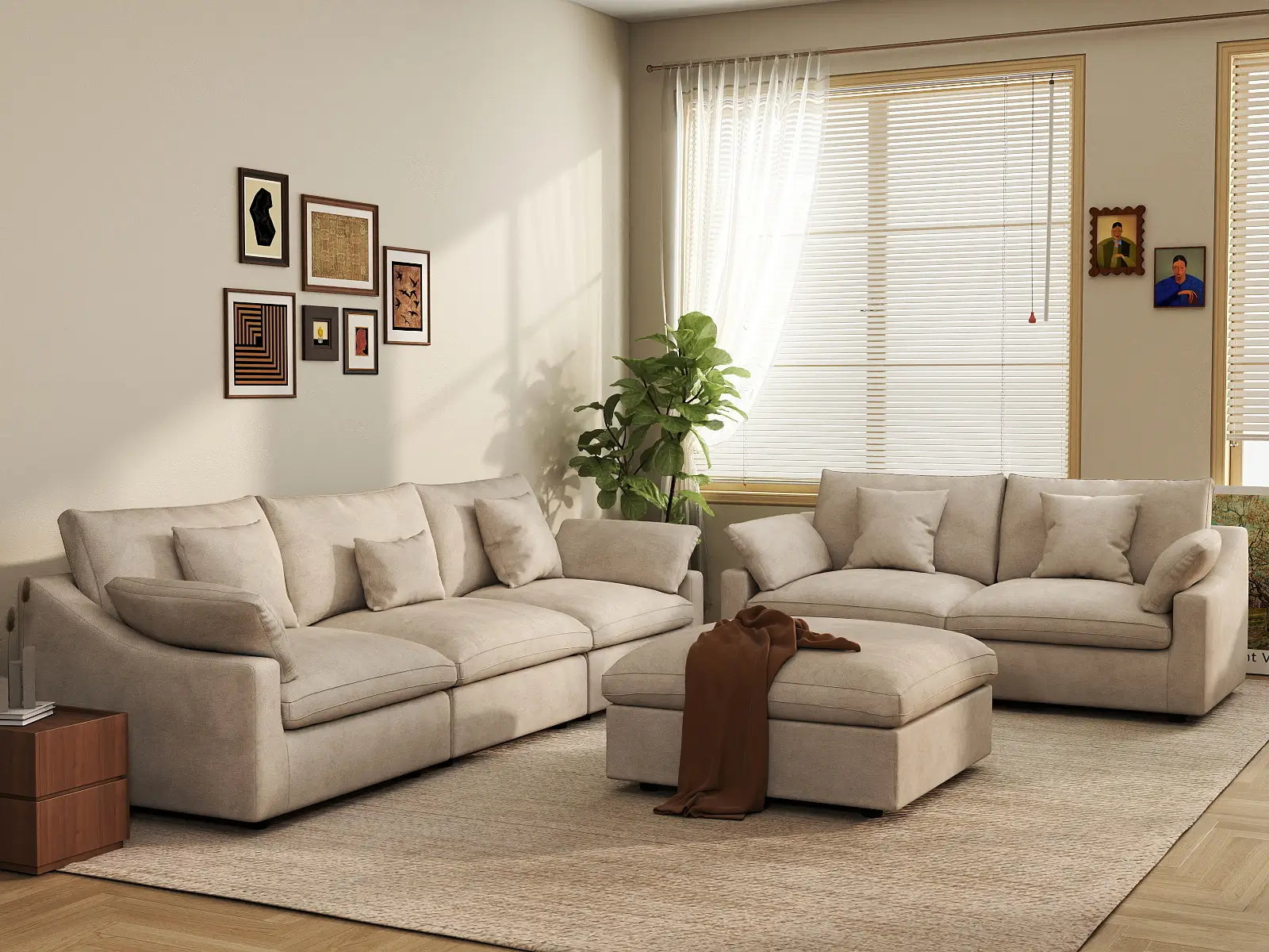 Deluxe Cloud 5-Seater Khaki Large Space Pit Sectional | 6-Piece (Includes 1 Ottoman), Chenille And Linen Fabric, Easy To Clean