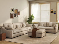 Deluxe Cloud 5-Seater Khaki Large Space Pit Sectional | 6-Piece (Includes 1 Ottoman), Chenille And Linen Fabric, Easy To Clean