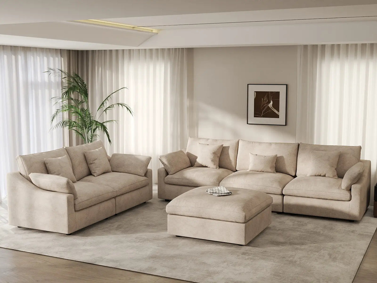 Deluxe Cloud 5-Seater Khaki Large Space Pit Sectional | 6-Piece (Includes 1 Ottoman), Chenille And Linen Fabric, Easy To Clean