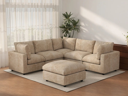 Deluxe Cloud 5-Seater Khaki Large Space Sofa Set | 6-Piece (Includes 1 Ottoman), Linen-Blend Chenille Fabric, Easy To Clean