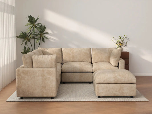 Deluxe Cloud 5-Seater Khaki Large Space Sofa Set | 6-Piece (Includes 1 Ottoman), Linen-Blend Chenille Fabric, Easy To Clean