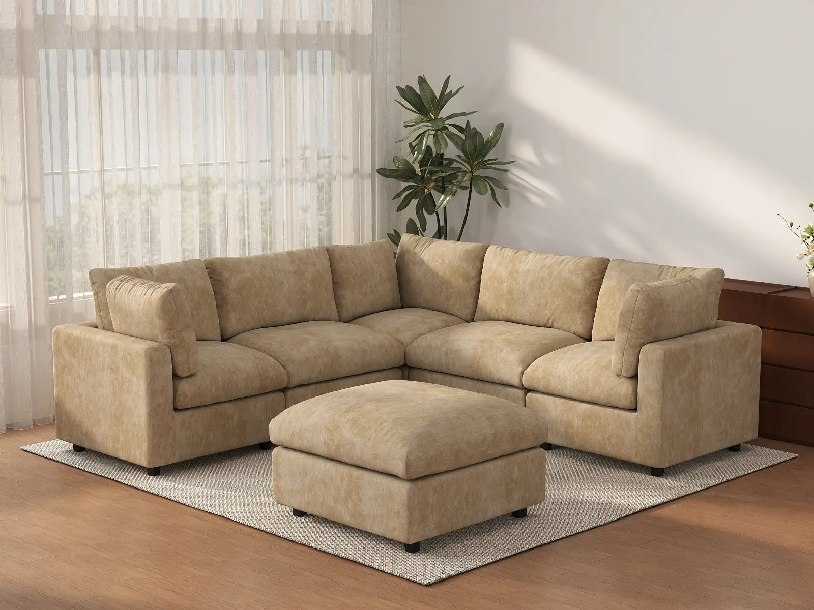 Juego de sofás de lujo Cloud de 5 plazas, caqui, gran espacio | 6 piezas (incluye 1 otomana), tela chenilla mezcla de lino, fácil de limpiar