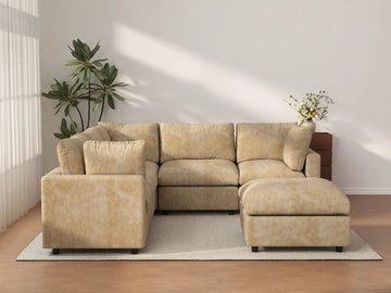 Deluxe Cloud 5-Seater Khaki Large Space Sofa Set | 6-Piece (Includes 1 Ottoman), Linen-Blend Chenille Fabric, Easy To Clean