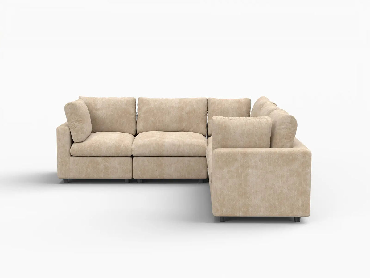 Deluxe Cloud 5-Seater Khaki Large Space V-Shaped Sectional | 5-Piece, Linen-Blend Chenille Fabric, Easy To Clean