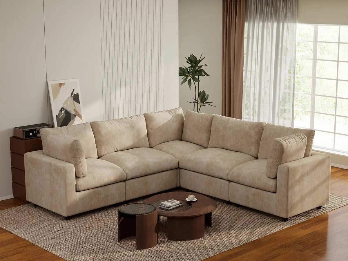 Deluxe Cloud 5-Seater Khaki Large Space V-Shaped Sectional | 5-Piece, Linen-Blend Chenille Fabric, Easy To Clean