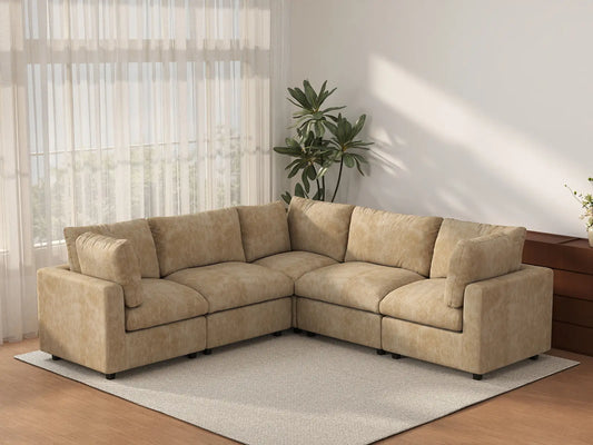 Deluxe Cloud 5-Seater Khaki Large Space V-Shaped Sectional | 5-Piece, Linen-Blend Chenille Fabric, Easy To Clean
