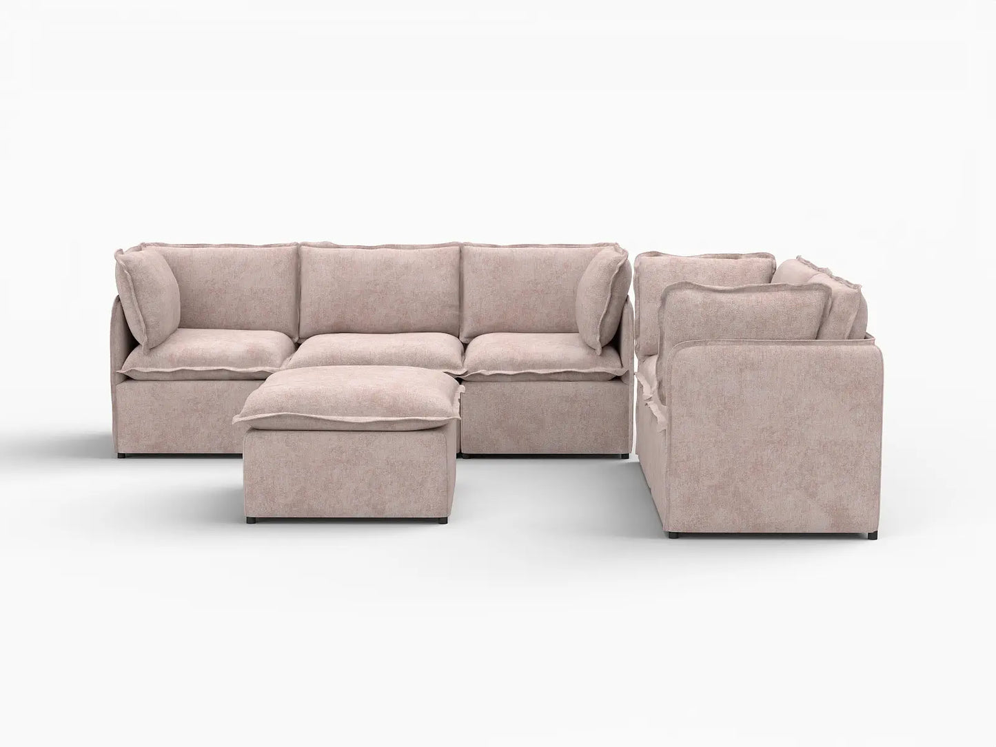 Deluxe Cloud 5-Seater Khaki Sofa Set | 6-Piece (Includes 1 Ottoman), Linen Look Poly Fabric, Washable Cushion Covers