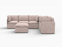 Deluxe Cloud 5-Seater Khaki Sofa Set | 6-Piece (Includes 1 Ottoman), Linen Look Poly Fabric, Washable Cushion Covers