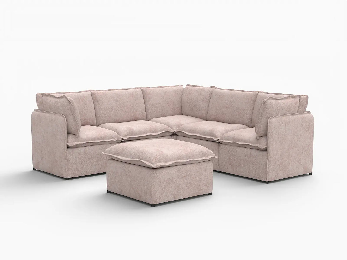 Deluxe Cloud 5-Seater Khaki Sofa Set | 6-Piece (Includes 1 Ottoman), Linen Look Poly Fabric, Washable Cushion Covers