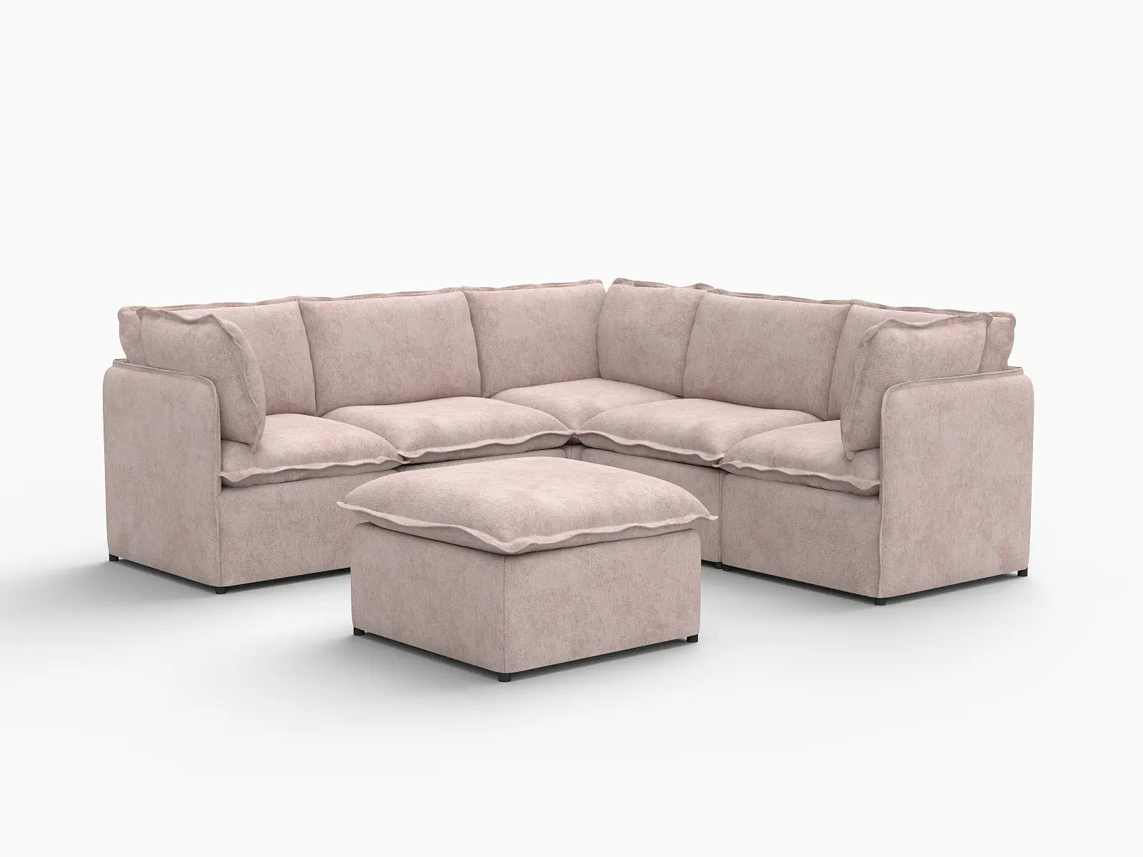 Deluxe Cloud 5-Seater Khaki Sofa Set | 6-Piece (Includes 1 Ottoman), Linen Look Poly Fabric, Washable Cushion Covers