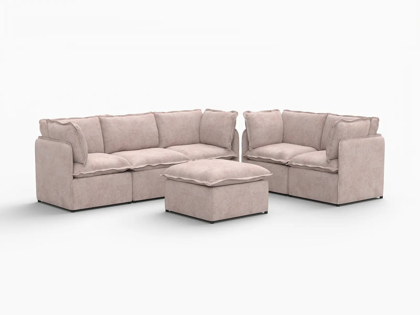 Deluxe Cloud 5-Seater Khaki Sofa Set | 6-Piece (Includes 1 Ottoman), Linen Look Poly Fabric, Washable Cushion Covers
