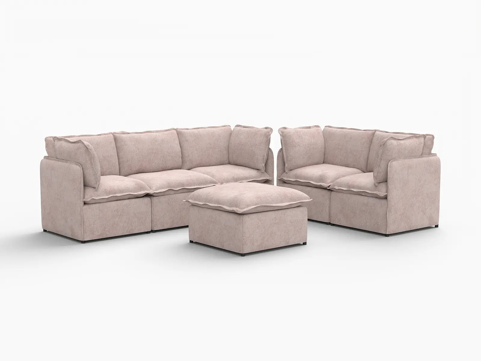Deluxe Cloud 5-Seater Khaki Sofa Set | 6-Piece (Includes 1 Ottoman), Linen Look Poly Fabric, Washable Cushion Covers