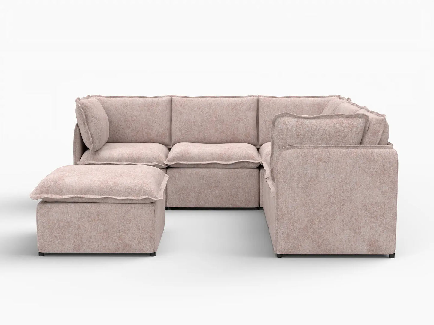 Deluxe Cloud 5-Seater Khaki Sofa Set | 6-Piece (Includes 1 Ottoman), Linen Look Poly Fabric, Washable Cushion Covers