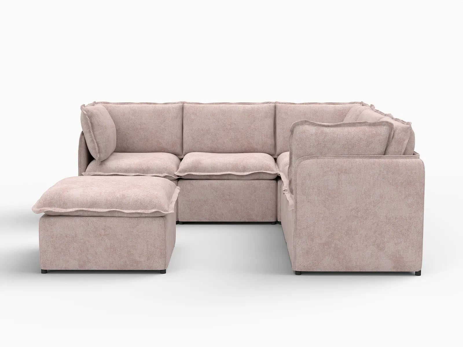 Deluxe Cloud 5-Seater Khaki Sofa Set | 6-Piece (Includes 1 Ottoman), Linen Look Poly Fabric, Washable Cushion Covers
