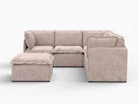 Deluxe Cloud 5-Seater Khaki Sofa Set | 6-Piece (Includes 1 Ottoman), Linen Look Poly Fabric, Washable Cushion Covers
