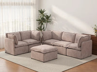 Deluxe Cloud 5-Seater Khaki Sofa Set | 6-Piece (Includes 1 Ottoman), Linen Look Poly Fabric, Washable Cushion Covers