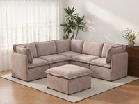 Deluxe Cloud 5-Seater Khaki Sofa Set | 6-Piece (Includes 1 Ottoman), Linen Look Poly Fabric, Washable Cushion Covers