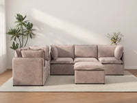 Deluxe Cloud 5-Seater Khaki Sofa Set | 6-Piece (Includes 1 Ottoman), Linen Look Poly Fabric, Washable Cushion Covers
