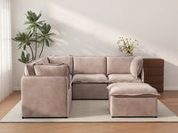 Deluxe Cloud 5-Seater Khaki Sofa Set | 6-Piece (Includes 1 Ottoman), Linen Look Poly Fabric, Washable Cushion Covers