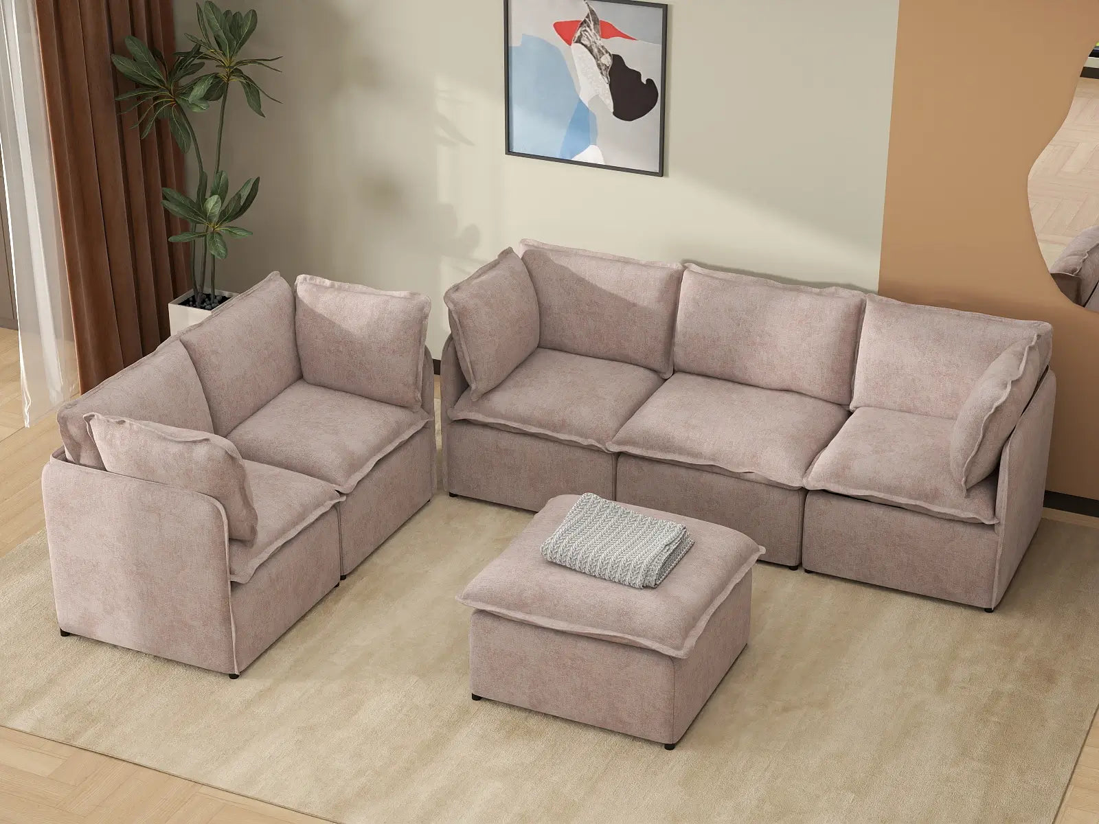 Deluxe Cloud 5-Seater Khaki Sofa Set | 6-Piece (Includes 1 Ottoman), Linen Look Poly Fabric, Washable Cushion Covers