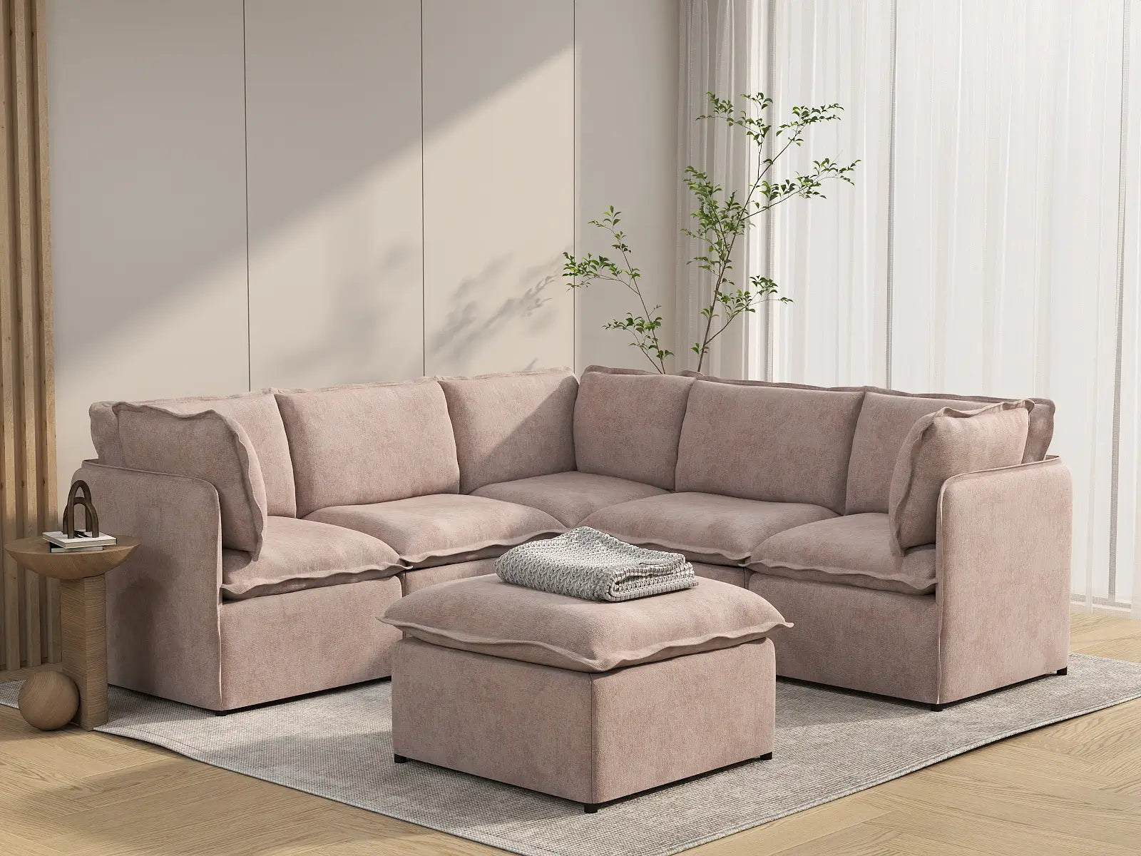 Deluxe Cloud 5-Seater Khaki Sofa Set | 6-Piece (Includes 1 Ottoman), Linen Look Poly Fabric, Washable Cushion Covers