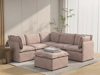 Deluxe Cloud 5-Seater Khaki Sofa Set | 6-Piece (Includes 1 Ottoman), Linen Look Poly Fabric, Washable Cushion Covers
