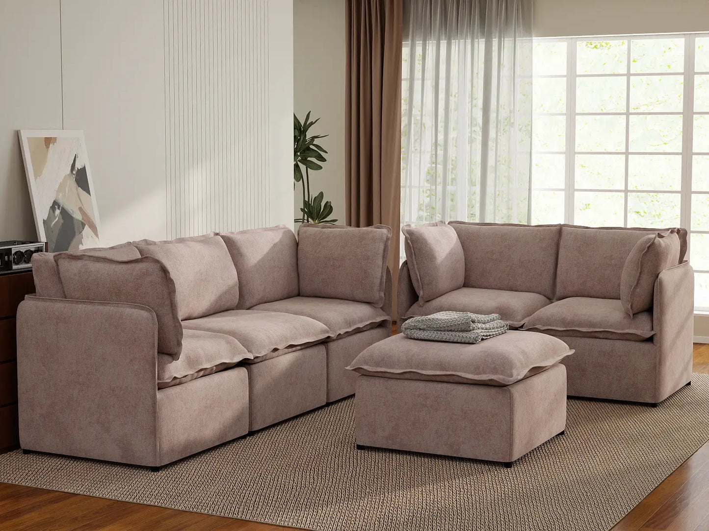 Deluxe Cloud 5-Seater Khaki Sofa Set | 6-Piece (Includes 1 Ottoman), Linen Look Poly Fabric, Washable Cushion Covers