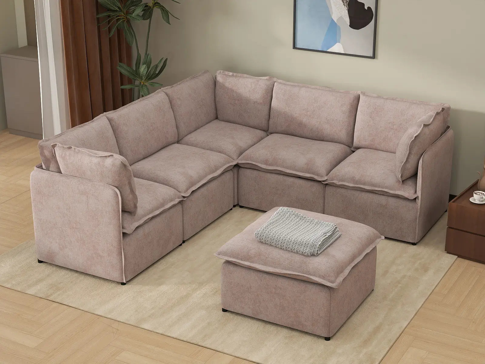 Deluxe Cloud 5-Seater Khaki Sofa Set | 6-Piece (Includes 1 Ottoman), Linen Look Poly Fabric, Washable Cushion Covers