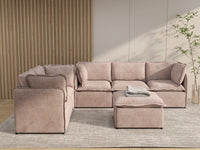 Deluxe Cloud 5-Seater Khaki Sofa Set | 6-Piece (Includes 1 Ottoman), Linen Look Poly Fabric, Washable Cushion Covers