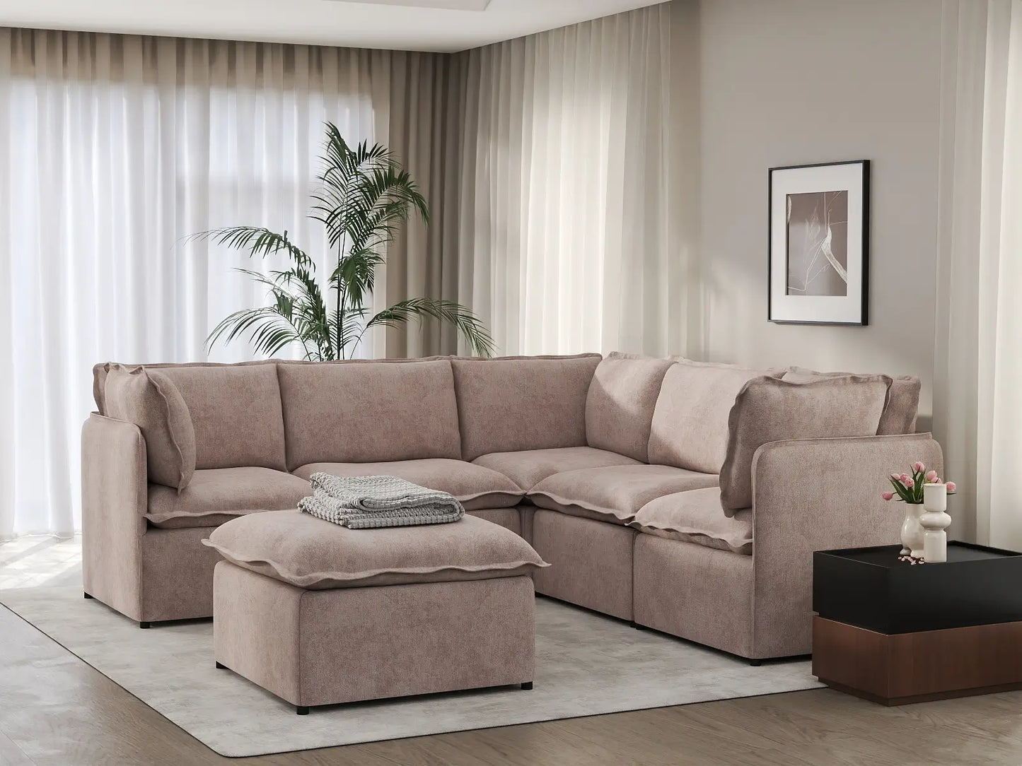 Deluxe Cloud 5-Seater Khaki Sofa Set | 6-Piece (Includes 1 Ottoman), Linen Look Poly Fabric, Washable Cushion Covers