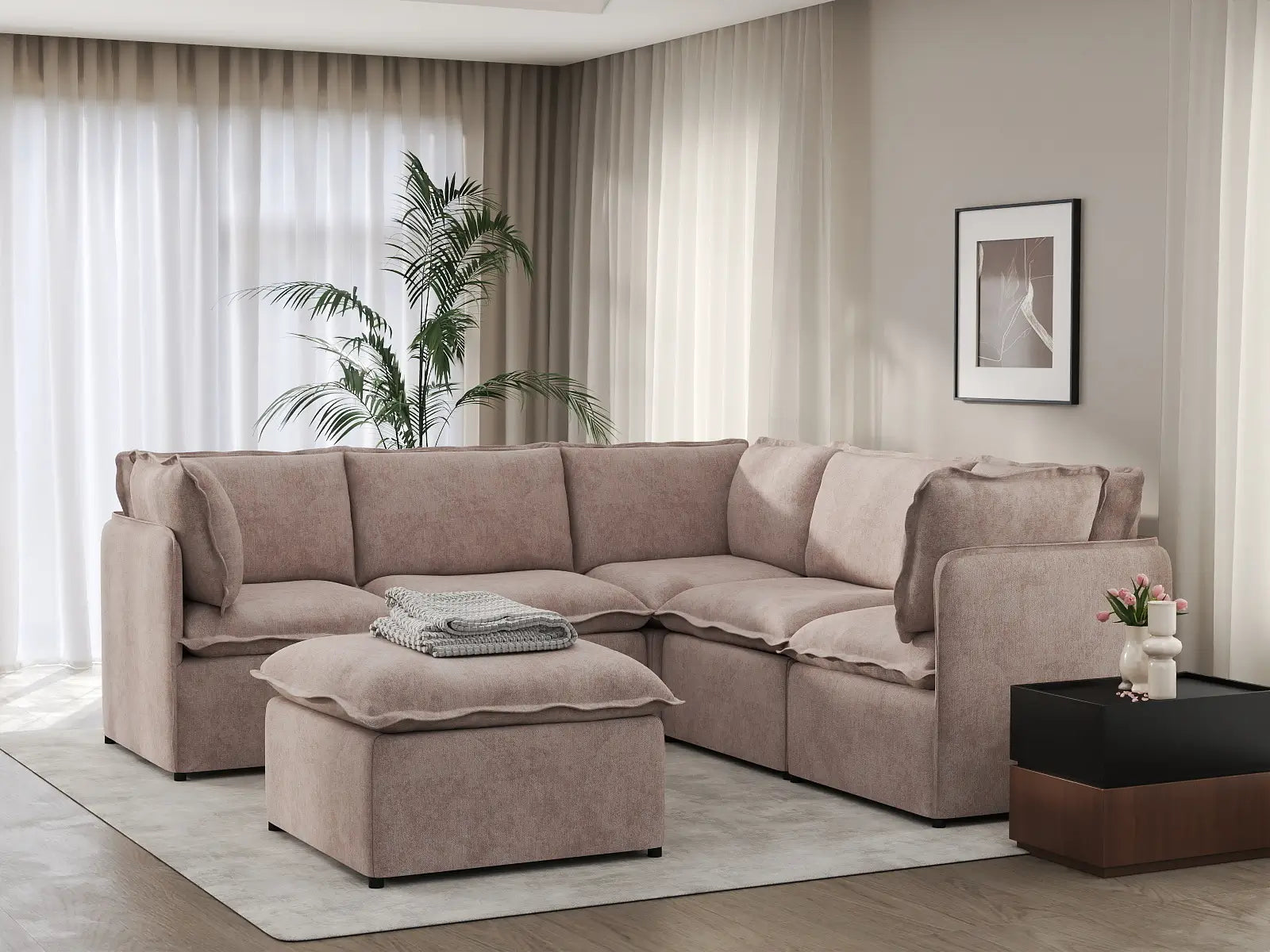 Deluxe Cloud 5-Seater Khaki Sofa Set | 6-Piece (Includes 1 Ottoman), Linen Look Poly Fabric, Washable Cushion Covers
