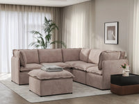 Deluxe Cloud 5-Seater Khaki Sofa Set | 6-Piece (Includes 1 Ottoman), Linen Look Poly Fabric, Washable Cushion Covers