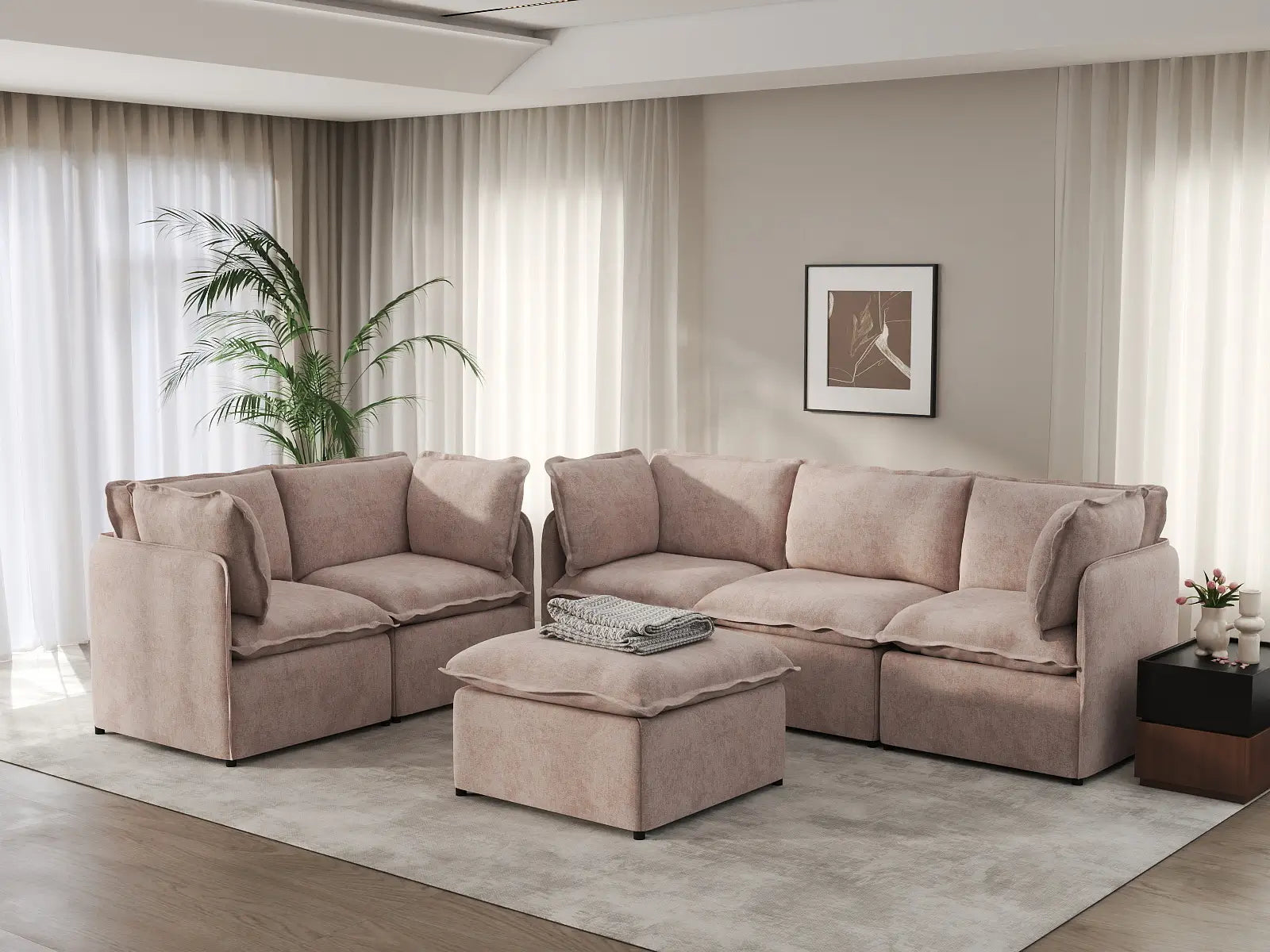 Deluxe Cloud 5-Seater Khaki Sofa Set | 6-Piece (Includes 1 Ottoman), Linen Look Poly Fabric, Washable Cushion Covers