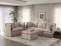 Deluxe Cloud 5-Seater Khaki Sofa Set | 6-Piece (Includes 1 Ottoman), Linen Look Poly Fabric, Washable Cushion Covers