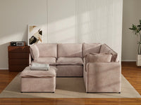 Deluxe Cloud 5-Seater Khaki Sofa Set | 6-Piece (Includes 1 Ottoman), Linen Look Poly Fabric, Washable Cushion Covers