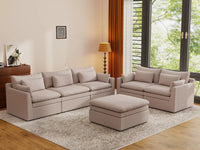 Deluxe Cloud 5-Seater Khaki Sofa Set | 6-Piece (Includes 1 Ottoman), Linen Look Poly Fabric, Washable Cushion Covers
