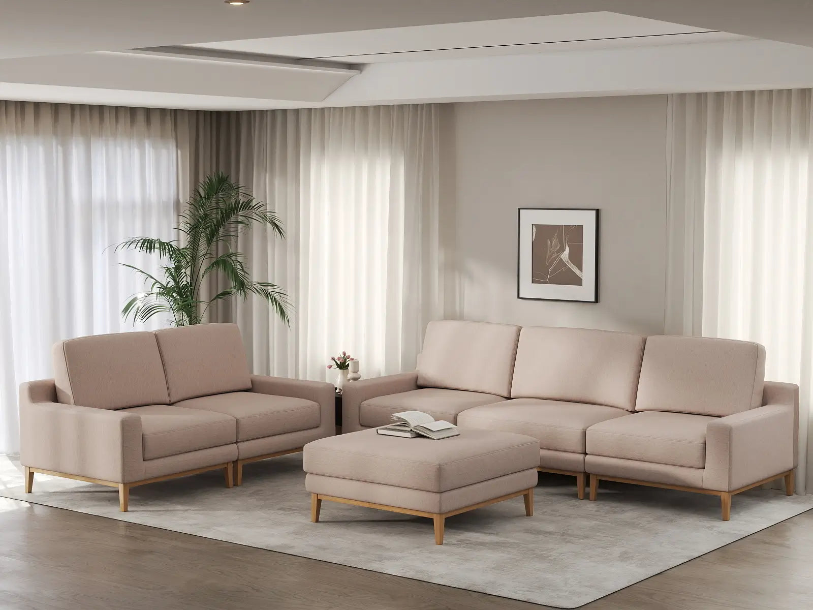 Deluxe Cloud 5-Seater Khaki Sofa Set | 6-Piece (Includes 1 Ottoman), Linen Look Poly Fabric, Washable Cushion Covers