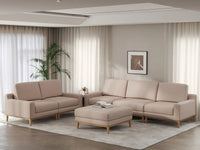 Deluxe Cloud 5-Seater Khaki Sofa Set | 6-Piece (Includes 1 Ottoman), Linen Look Poly Fabric, Washable Cushion Covers