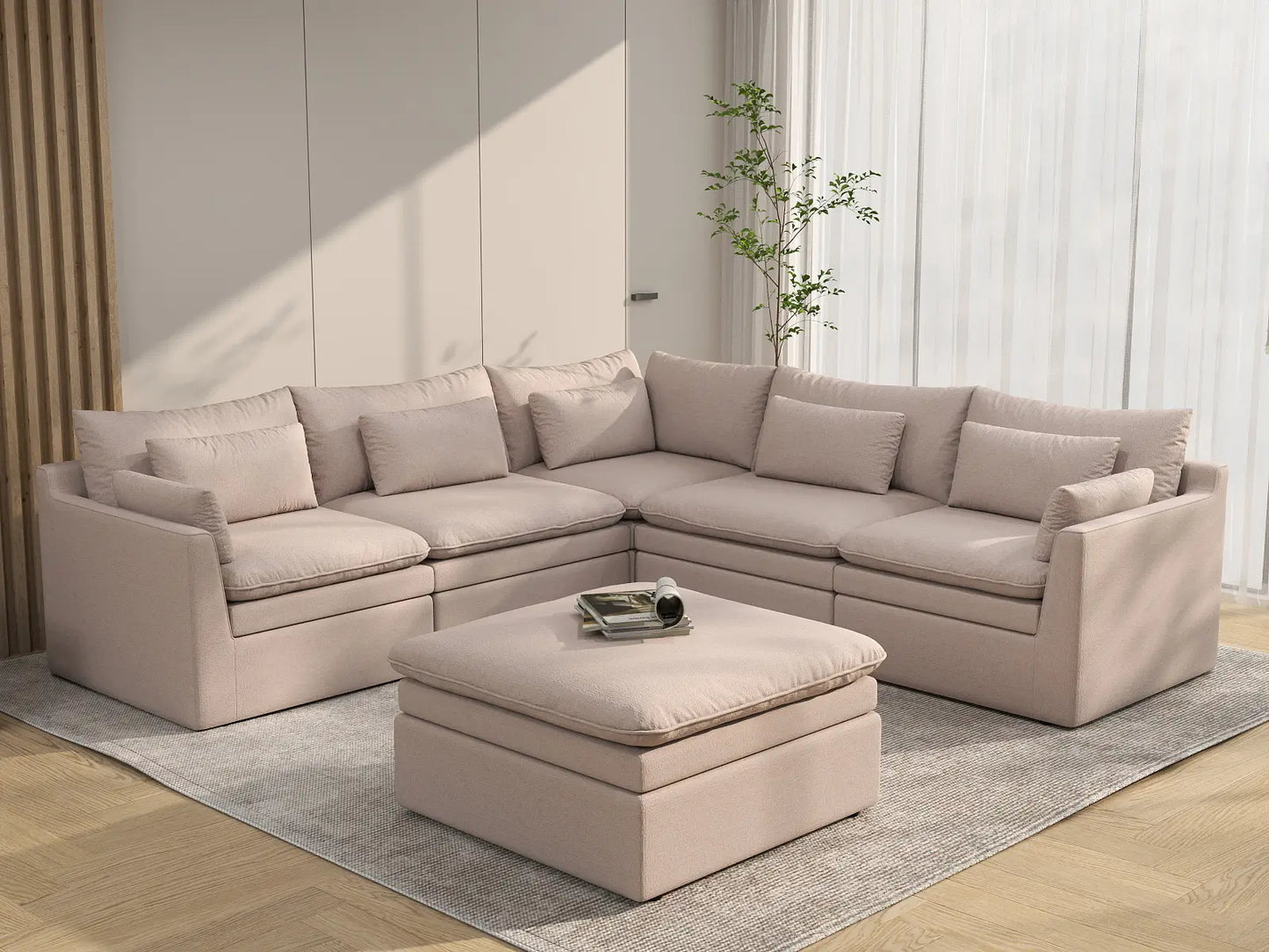 Deluxe Cloud 5-Seater Khaki Sofa Set | 6-Piece (Includes 1 Ottoman), Linen Look Poly Fabric, Washable Cushion Covers