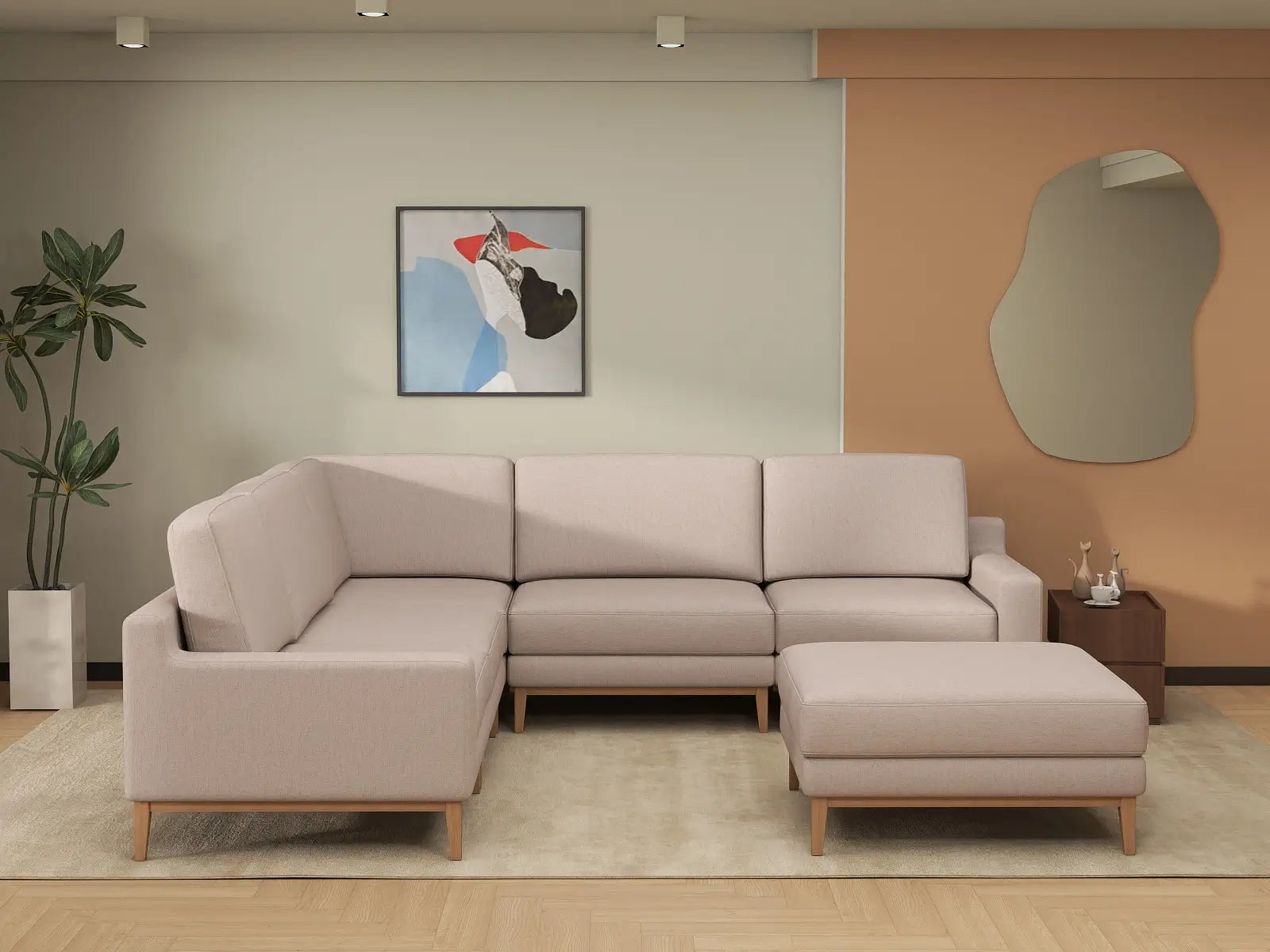 Deluxe Cloud 5-Seater Khaki Sofa Set | 6-Piece (Includes 1 Ottoman), Linen Look Poly Fabric, Washable Cushion Covers