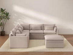Deluxe Cloud 5-Seater Khaki Sofa Set | 6-Piece (Includes 1 Ottoman), Linen Look Poly Fabric, Washable Cushion Covers
