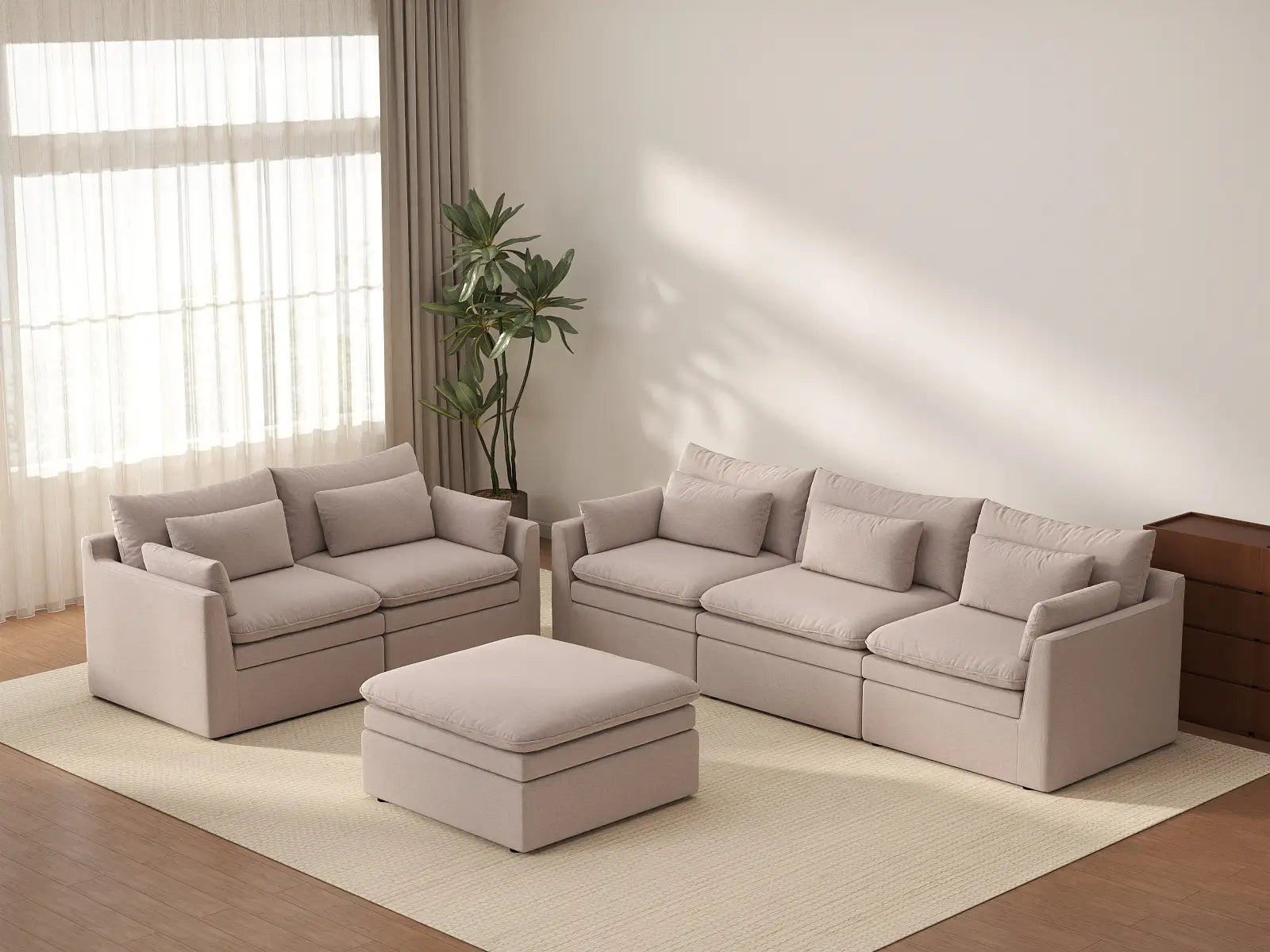 Deluxe Cloud 5-Seater Khaki Sofa Set | 6-Piece (Includes 1 Ottoman), Linen Look Poly Fabric, Washable Cushion Covers