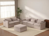 Deluxe Cloud 5-Seater Khaki Sofa Set | 6-Piece (Includes 1 Ottoman), Linen Look Poly Fabric, Washable Cushion Covers
